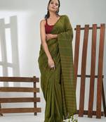 Green cotton soft saree with stripe pattern
