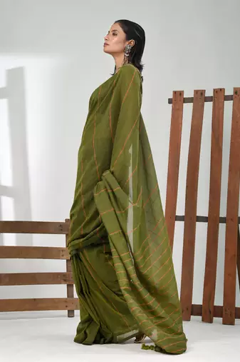 Green cotton soft saree with stripe pattern