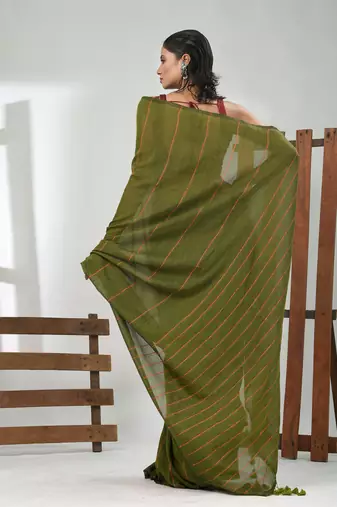 Green cotton soft saree with stripe pattern