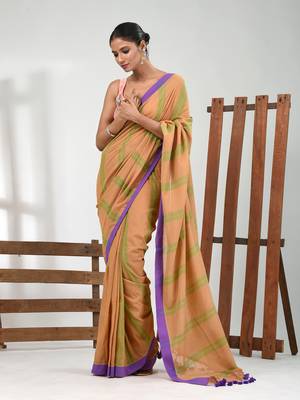 Beige cotton soft saree with stripe pattern 1