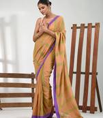 Beige cotton soft saree with stripe pattern