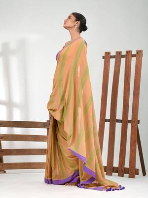 Beige cotton soft saree with stripe pattern 2