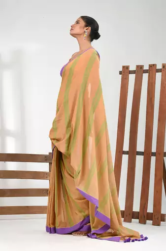 Beige cotton soft saree with stripe pattern