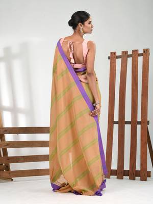 Beige cotton soft saree with stripe pattern 3