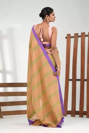 Beige cotton soft saree with stripe pattern