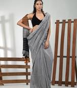 Steel grey cotton soft saree with stripe pattern