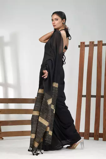 Black cotton soft saree with solid pattern