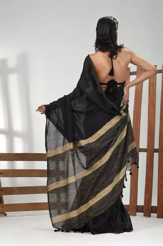 Black cotton soft saree with solid pattern