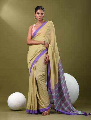 Ecru cotton soft saree with solid pattern 1