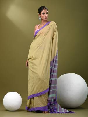 Ecru cotton soft saree with solid pattern 2
