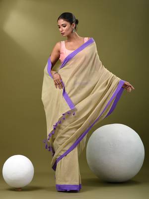 Beige cotton soft saree with solid pattern 1