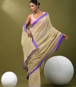 Beige cotton soft saree with solid pattern