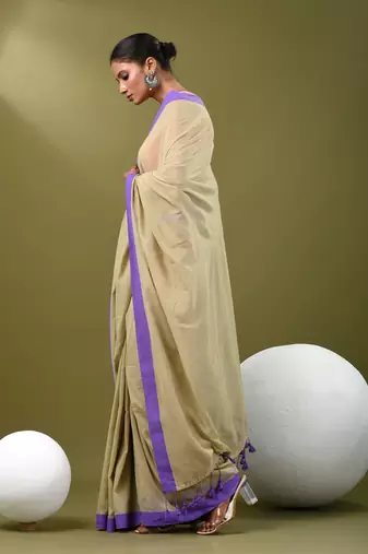 Beige cotton soft saree with solid pattern