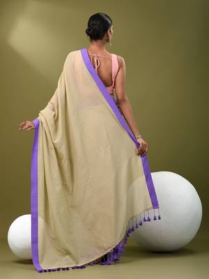 Beige cotton soft saree with solid pattern 3