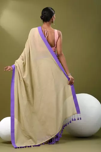 Beige cotton soft saree with solid pattern