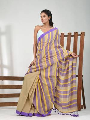 Beige cotton soft saree with stripe pattern 1
