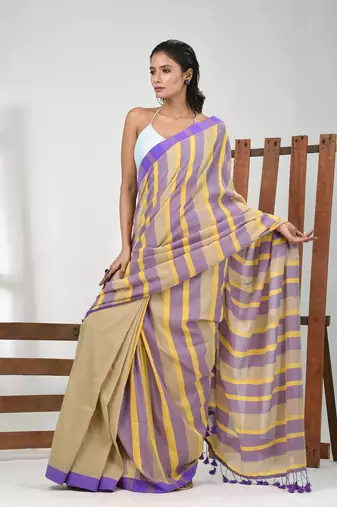 Beige cotton soft saree with stripe pattern
