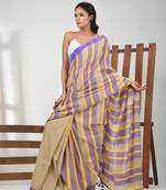Beige cotton soft saree with stripe pattern