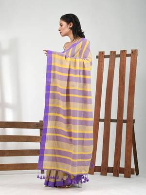 Beige cotton soft saree with stripe pattern 2