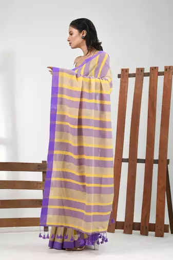 Beige cotton soft saree with stripe pattern