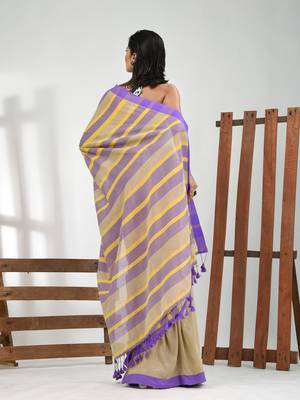 Beige cotton soft saree with stripe pattern 3