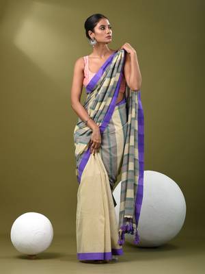 Beige cotton soft saree with stripe pattern 1