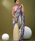 Beige cotton soft saree with stripe pattern