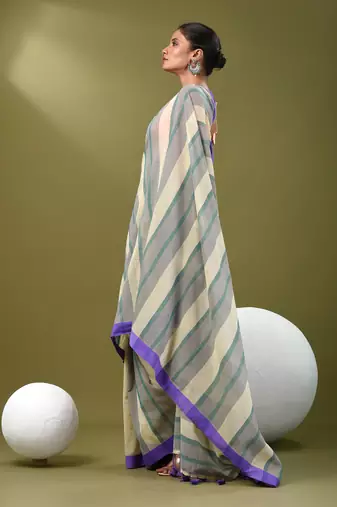 Beige cotton soft saree with stripe pattern