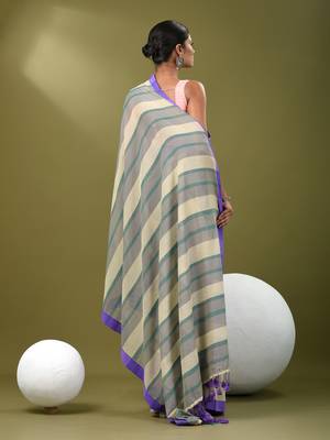 Beige cotton soft saree with stripe pattern 3