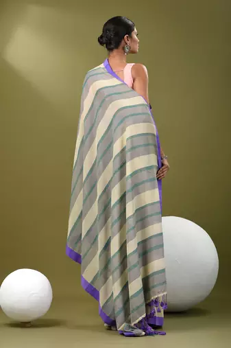 Beige cotton soft saree with stripe pattern
