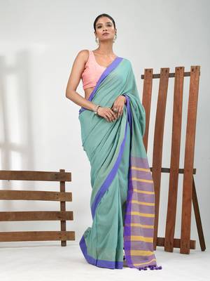 Sea green cotton soft saree with solid pattern 1