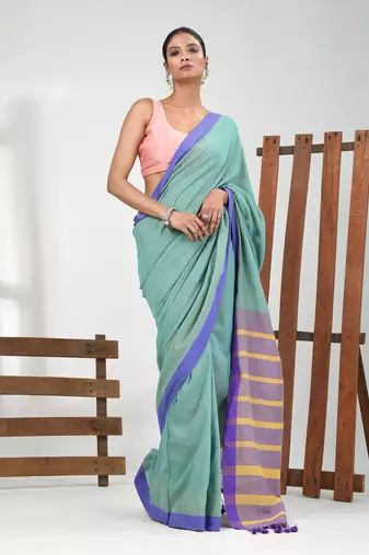 Sea green cotton soft saree with solid pattern