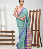 Sea green cotton soft saree with solid pattern