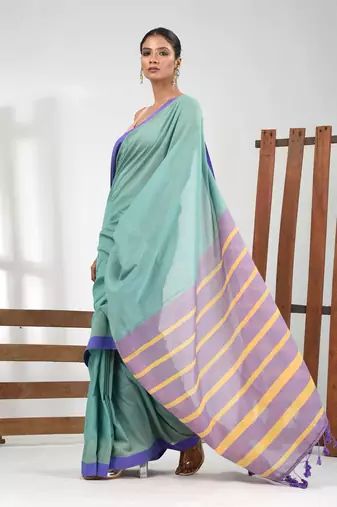 Sea green cotton soft saree with solid pattern
