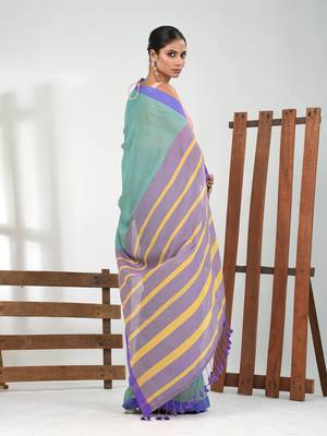 Sea green cotton soft saree with solid pattern 3