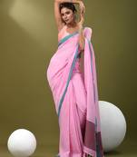 Pink cotton soft saree with solid pattern