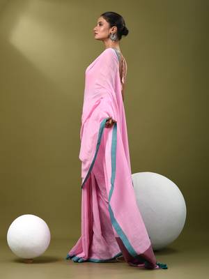 Pink cotton soft saree with solid pattern 2