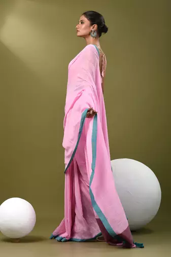 Pink cotton soft saree with solid pattern