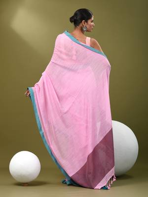 Pink cotton soft saree with solid pattern 3