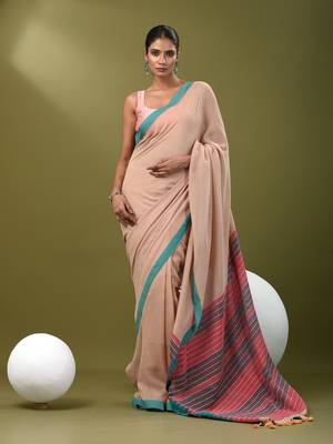 Beige cotton soft saree with solid pattern 1
