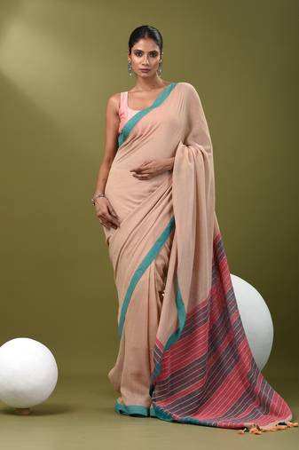 Beige cotton soft saree with solid pattern