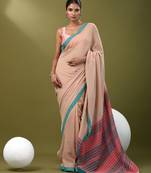 Beige cotton soft saree with solid pattern