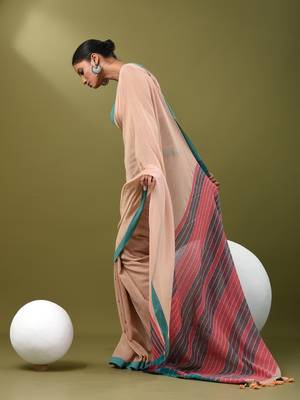 Beige cotton soft saree with solid pattern 2