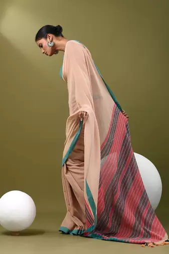 Beige cotton soft saree with solid pattern