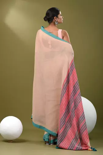 Beige cotton soft saree with solid pattern