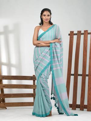 Mint green cotton soft saree with stripe pattern 1