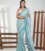 Mint green cotton soft saree with stripe pattern