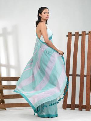 Mint green cotton soft saree with stripe pattern 2