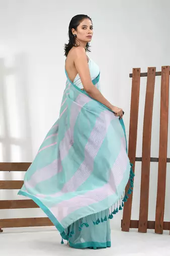 Mint green cotton soft saree with stripe pattern