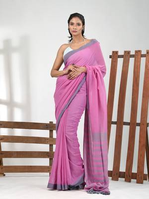 Pink cotton soft saree with solid pattern 1